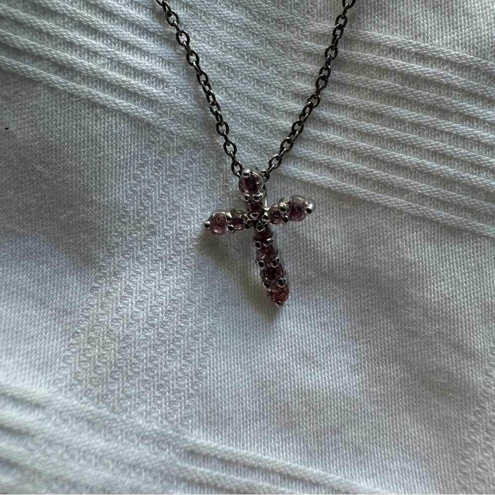 Elegant Silver and Pink Cross Pendant Necklace